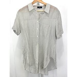 THEORY Striped Button Front Shirt Short Sleeve Hi Low Tunic Gray White EST M L